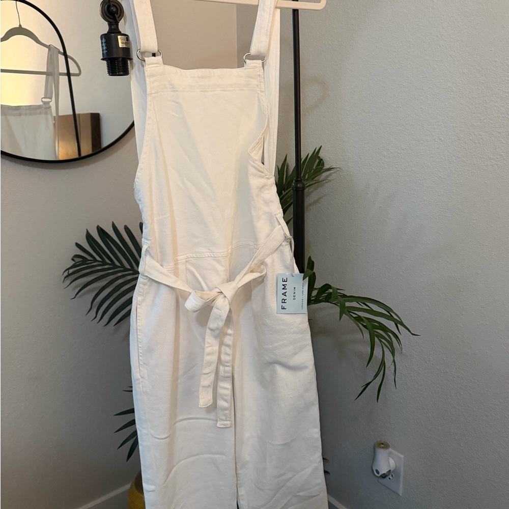 White bibbed overalls by Frame